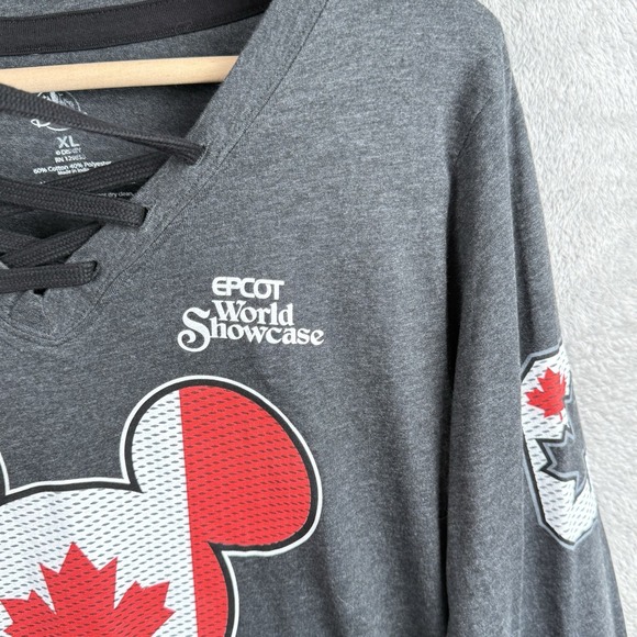 Disney Shirt Women XL Canada Mickey Epcot World Showcase Hockey Lace Up Neck L/S - Picture 5 of 9
